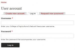 Screenshot of User Account page with login fields for username and password