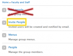 Groups page with Invite People link highlighted and Add People link crossed out