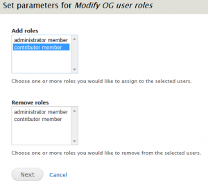 Set Parameters screen for Modify user roles, with contributor member selected in the Add roles select box