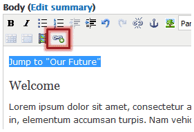Linkit button in toolbar highlighted, text 'Jump to Our Future' highlighted