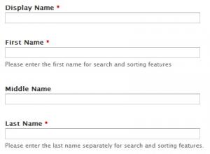 Text fields for Display Name, First Name, Middle Name, and Last Name