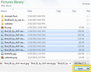 Computer file browser with multiple files selected. Open button highlighted at bottom right.