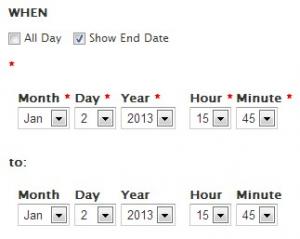 When field with option for all day, show end date, and dropdown menus for month, day, year, and time