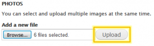 Photos field showing 6 files selected. Upload button highlighted after field.