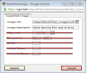 alignment, dimensions, border, vertical space, and horizontal space crossed out on image dialog