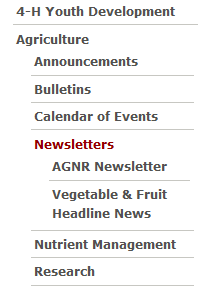 Menu with the agriculture item expanded, the newsletters item expanded under that, and two links under Newsletters visible