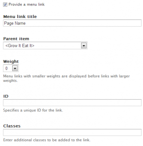 menu options form: menu link title, parent item, weight, ID, and classes