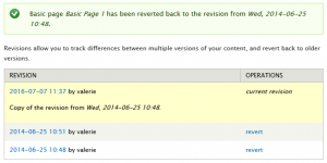 Revisions screen showing a status message: Basic Page 1 has been reverted back to the revision from Wednesday