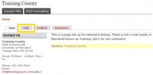 Screenshot of Training County homepage with edit tab highlighted