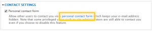 Contact settings box with explanatory text. Personal contact form link is highlighted.