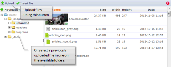 Upload or navigate existing files using the file browser