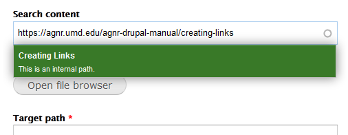 A URL pasted into the Search Content Field, a green dropdown with the page name.