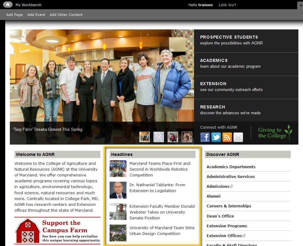 AGNR homepage with Headlines highlighted and toolbar visible
